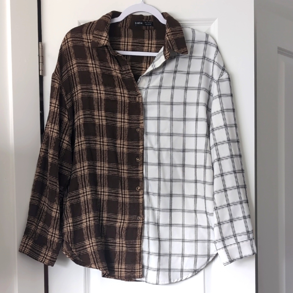 Shein Plaid Oversized Colorblock Button Up